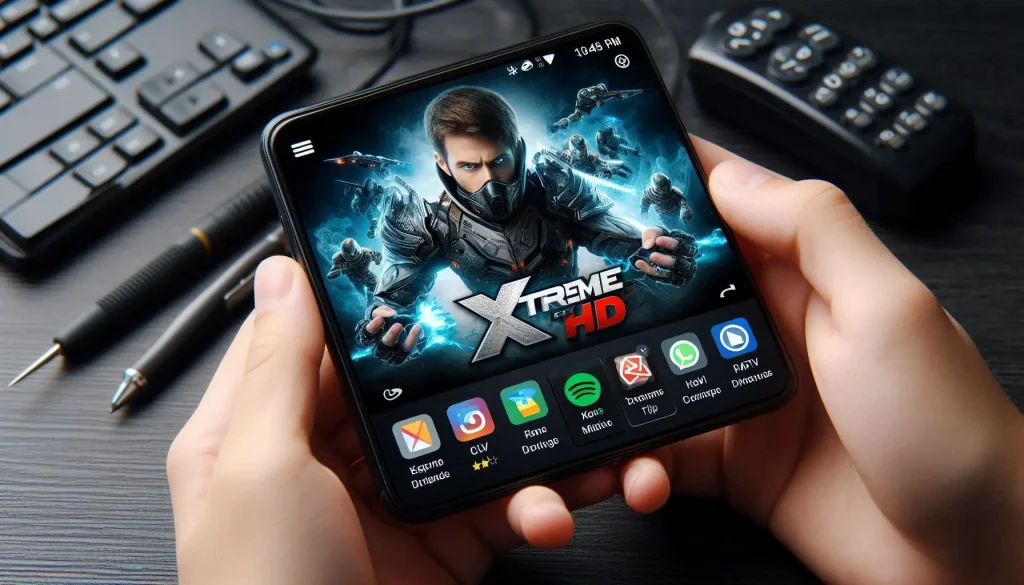 Smart TV showing Xtreme HD IPTV streaming interface with multiple devices in 4K